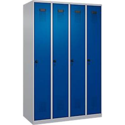 C+P Evolo Plus garderobekast, 4 vakken, rechts scharnierend, veiligheidsdraaistang, B 1200 x D 500 x H 1850 mm, blank aluminium/ gentiaanblauw