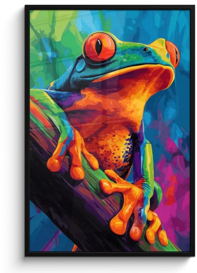 Poster in lijst - Fotolijst 80x120 cm - Posters - Kikker - Felgekleurd - Tak - Regenboog - Posterlijst zwart - Decoratie - Wanddecoratie woonkamer - Muurdecoratie slaapkamer