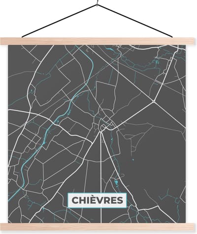 Posterhanger incl. Poster 40x40 cm - Schoolplaat - Stadskaart – Grijs - Kaart – Chièvres – België – Plattegrond - Textielposter - Blanke latten - Stadskaart