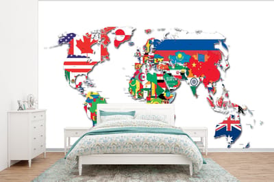 Behang - Fotobehang Wereldkaart - Vlaggen - Trendy - Breedte 320 cm x hoogte 240 cm