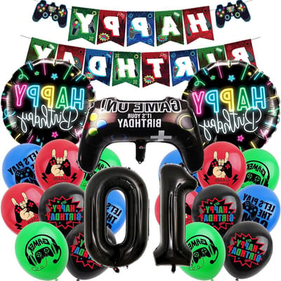 Verjaardagsdecoratie voor jongens, gamer thema, 10e verjaardag ballonnen in blauw en zwart, feestversiering voor kinderen, gaming party accessoires