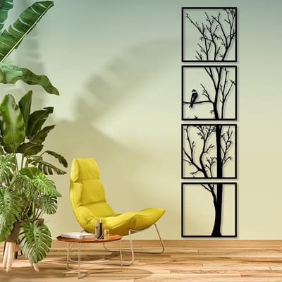 Moderne Wanddecoratie van Metaal - 4 Panelen met Boomontwerp, Perfect voor Lente en Interieurstyling