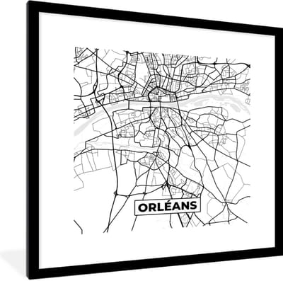 Fotolijst incl. Poster Zwart Wit- Frankrijk - Kaart - Plattegrond - Stadskaart - Orléans - Zwart wit - 40x40 cm - Posterlijst