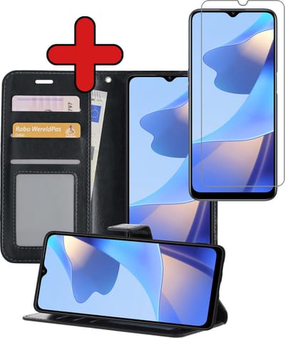Hoesje - Met Screenprotector - Geschikt voor OPPO A16s - Luxe Pasjeshouder - Flipcase - Bookcase Portemonee - Flip Case - Kunstleer Book Case - Book Cover - Walletcase - Portemonneehoes - Telefoonhoes - Zwart