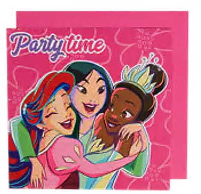 Disney Princess - uitnodigingskaarten - 8 stuks - roze - Ariël - Mulan - Tiana - 12 x 12 cm - met envelop