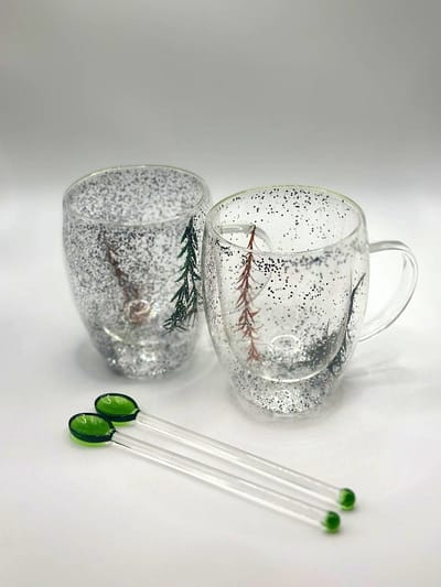 2 Unieke handgemaakte dubbelwand Koffie en Theeglazen met gedroogde bloemen - 350ml - Inclusief 2 x Lepels - Latte Macchiato Glazen - Cappuccino Glazen - Koffieglazen