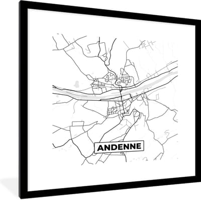 Fotolijst incl. Poster Zwart Wit- Zwart Wit – België – Plattegrond – Stadskaart – Kaart – Andenne - 40x40 cm - Posterlijst