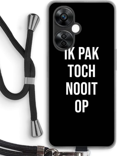Case Company® - Hoesje met koord geschikt voor OnePlus Nord CE 3 Lite hoesje met Koord - Ik pak nooit op - Zwart - Telefoonhoesje met Zwart Koord - Bescherming aan alle Kanten en Over de Schermrand