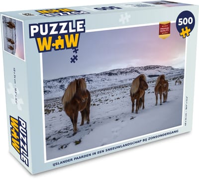 Puzzel IJslander paarden in een sneeuwlandschap bij zonsondergang - Legpuzzel - Puzzel 500 stukjes