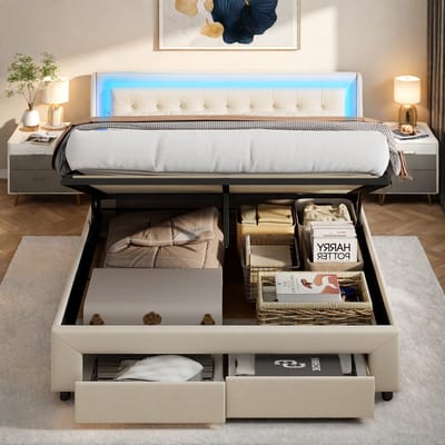 Hydraulisch Opbergbed 180x200 cm – Tweepersoons Fluwelen Bed met LED & 2 Lades, Gasveer Opbergfunctie, Beige