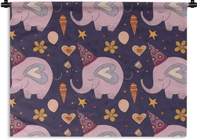 Wandkleed - Wanddoek - Verjaardag - Olifant - Bloemen - Patronen - 60x45 cm - Wandtapijt