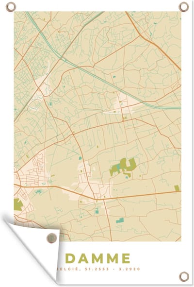 Muurdecoratie Damme - Kaart - Vintage - Stadskaart - Plattegrond - 120x180 cm - Tuinposter - Tuindoek