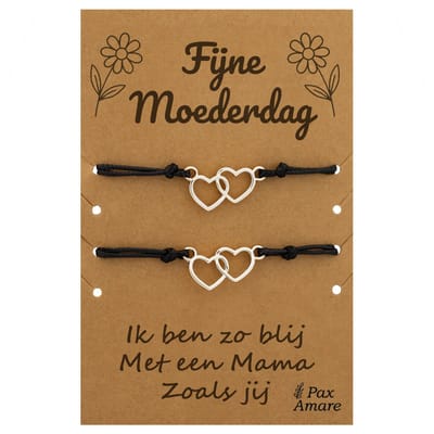 Moeder Kind Armbandjes voor 2 "Fijne Moederdag" - Verbonden Hartjes - Vriendschapsarmbandjes met Persoonlijk Cadeau Kaartje - Zilverkleurig - Elastisch Verstelbaar - Pax Amare