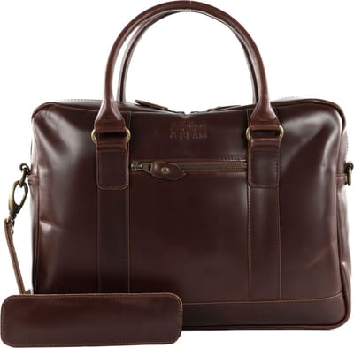 BUCKLE & SEAM Leren Business tas Laptoptas met laptopvak Everett New Stripes Business Bag Brown Donkerbruin