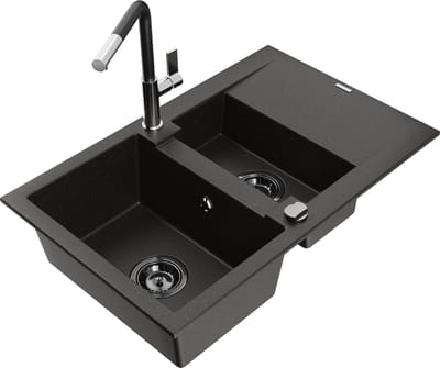 Mexen Gaspar granieten gootsteen 1,5-komervariant met afdruiprek en keukenkraan Flora, zwart/goud - 6507-75-670401-07-B