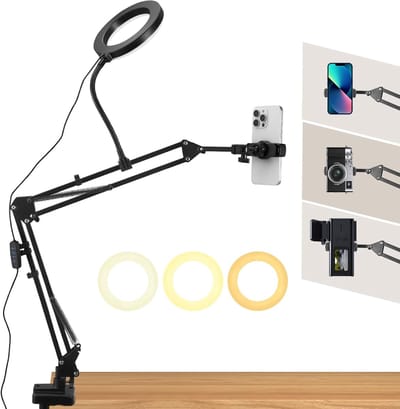 SnelShoppen - Overhead Mobiele Telefoon Tripod met Ring Licht, Flexibele Tafelkamera Arm met LED Ring Licht, 3 Kleurinstellingen + 10 Helderheden voor