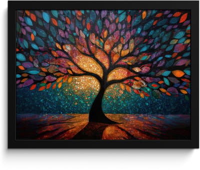 Poster in lijst - Fotolijst 40x30 cm - Posters - Mozaïek - Kleurrijk - Boom - Takken - Posterlijst zwart - Decoratie - Wanddecoratie woonkamer - Muurdecoratie slaapkamer