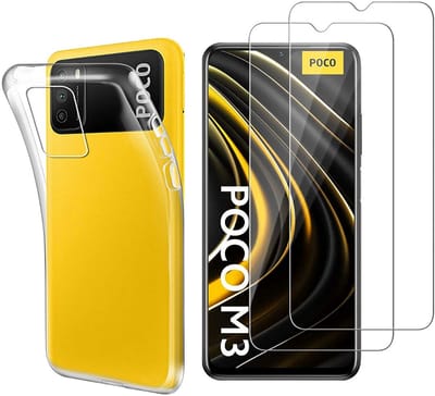Hoesje Ultraslank geschikt voor Xiaomi Poco m3 backcover siliconen Transparant en 2 stuks ScreenProtector Gehard Glas