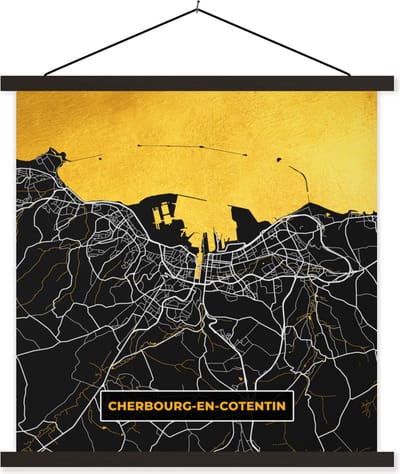 Posterhanger incl. Poster 60x60 cm - Schoolplaat - Plattegrond – Kaart – Stadskaart – Frankrijk – Cherbourg-en-Cotentin - Textielposter - Zwarte latten - Stadskaart