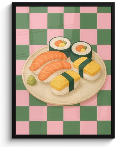 Poster in lijst - Fotolijst 50x70 cm - Posters - Sushi - Bord - Geblokt - Groen - Posterlijst zwart - Decoratie - Wanddecoratie woonkamer - Muurdecoratie slaapkamer