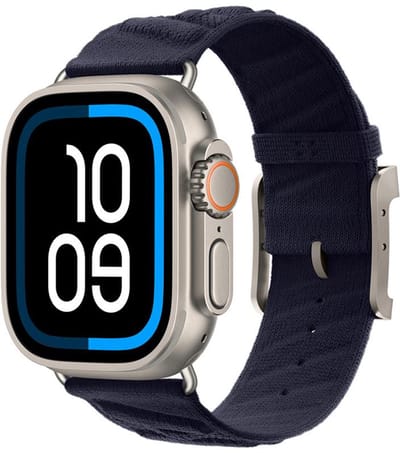 Luxe nylon bandje - geschikt voor Apple Watch 1/2/3/4/5/6/7/8/9/10/11/ SE (1,2,3) met maat 38 mm / 40 mm / 41 mm en 42 mm (Watch 10/11) - rvs gesp - donkerblauw