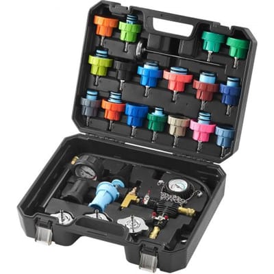 VEVOR 28-Delige Radiateurkoelvloeistofdruktesterset, Druktester, Koelwatervulapparaat, Radiateurontluchtingsapparaat, Koelsysteemtester Inclusief Thermometer, 17 Metalen Adapters en 3 Testdoppen