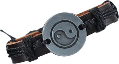 Fako Bijoux® - Leren Armband - Leder - Yin Yang - Zwart