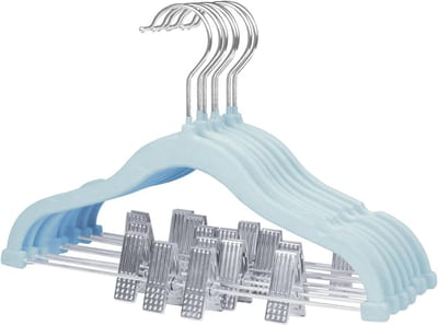 Famanu – Babyhangers met beweegbare clips 7-pack - 11.8-inch kinderen fluwelen hangers anti-slip - draaibare haken - ruimtebesparende kinderen kleerhangers voor rokken - broeken - jurken - jassen (blauw)