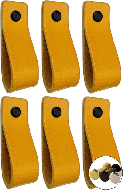 Leren handgrepen - Okergeel- 6 stuks - 16,5 x 2,5 cm | incl. 3 kleuren schroeven voor de leren handgreep - Gele handgrepen leer - Leren meubelgreep - Leren handvaten kast - Leren lus - Handgreep kast leer - Leren greepjes - Handvat leer