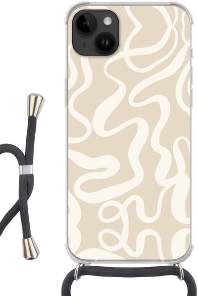 Telefoonhoesje Geschikt voor Apple Iphone 14 Max - Lijnen - Abstract - Beige - Wit - Minimalistisch - Siliconen - Crossbody - Backcover met Koord - Telefoonhoesje met koord - Hoesje met touw Telefoonhoesje