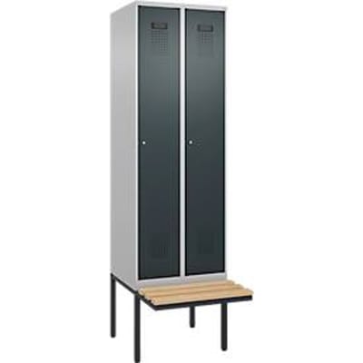 C+P Evolo Plus garderobekast, 2 vakken van elk 300 mm breed, zwevende bank, B 600 x D 815 x H 2120 mm, cilinder, blank aluminium/antracietgrijs