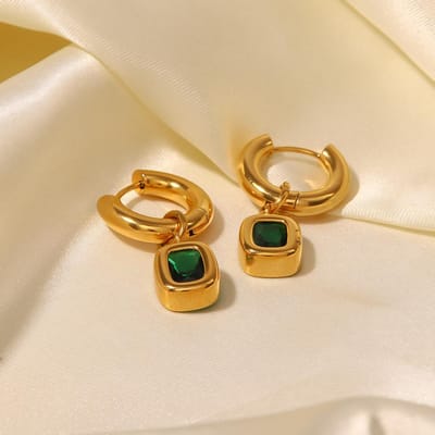 Roestvrij Staal Groene Zirconia Druppel Hoepel Oorbellen Voor Vrouwen Vintage Luxe Ronde Oorbellen Sieraden Accessoire beige