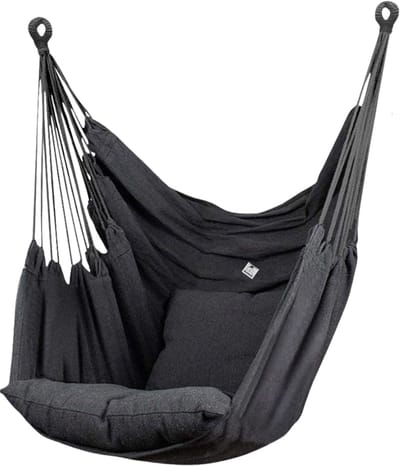 Hangstoel met Kussen – Hangende Stoel voor Binnen en Buiten – Inclusief Ophangset – Belastbaar tot 125 kg – Katoenen Hangstoel voor Tuin, Balkon, Slaapkamer & Balkon – Zwart