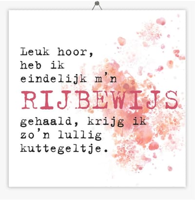 Tegeltje Rijbewijs - Roze - Kuttegeltje - 10,8 x 10,8 cm
