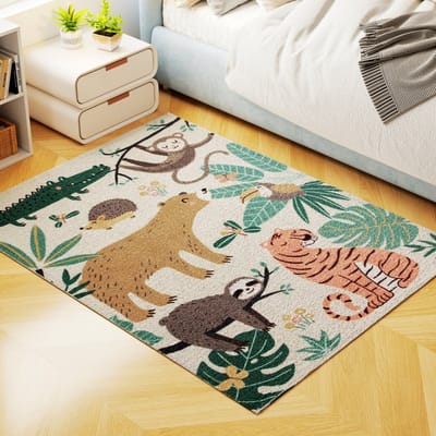 Fleece Tapijt Dieren Jungle Speelmat Kinderkamer Antislip Polyester Multi Kleur Dschungel Muster Zacht Kinder Vloerkleed 160 x 120 cm Modern Comfort