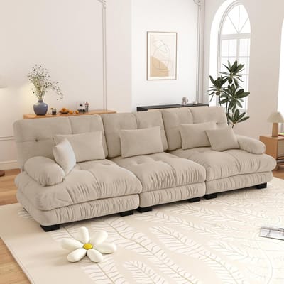 3-zits Bank, Modulaire Hoekbank met Diepe Zitting, Chenille Slaapbank, Comfortabel Bekleed voor Woonkamer, Appartement, Studio, Kantoor, Chenille-Lichte Koffie
