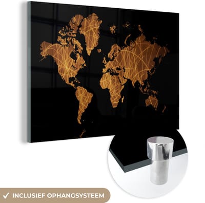 ® Glasschilderij 120x80 cm - Schilderij acrylglas - Wereldkaart - Zwart - Goud - Foto op glas - Muurdecoratie woonkamer - Wanddecoratie slaapkamer - Schilderijen