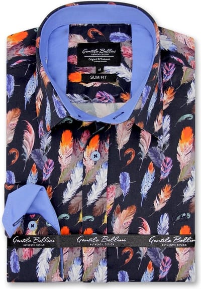 Heren Overhemden Lange Mouw - Slim Fit Overhemd Heren- Bird Feathers Satijn - Overhemd Heren Volwassenen - Blauw