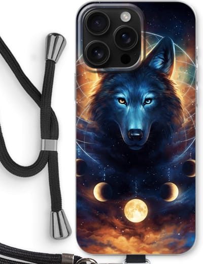 Case Company® - Hoesje met koord geschikt voor iPhone 16 Pro Max hoesje met Koord - Wolf Dreamcatcher - Telefoonhoesje met Zwart Koord - Bescherming aan alle Kanten en Over de Schermrand