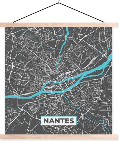 Posterhanger incl. Poster 40x40 cm - Schoolplaat - Kaart - Plattegrond - Stadskaart - Nantes - Frankrijk - Textielposter - Blanke latten - Stadskaart
