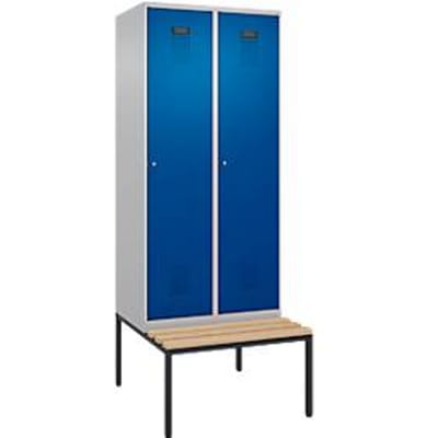C+P Evolo Plus garderobekast, 2 vakken, 400 mm vakbreedte, met bank eronder, B 800 x D 815 x H 2120 mm, cilinder, blank aluminium/ gentiaanblauw