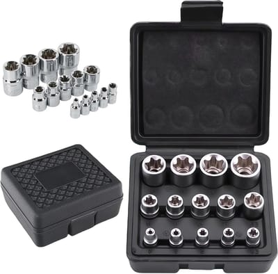 14-delige Torx Steeksleutel Set met Opbergdoos - Inclusief 1/2'', 1/4'', 3/8'' en E4 tot E24 voor Buitengebruik, Precisie en Duurzaamheid