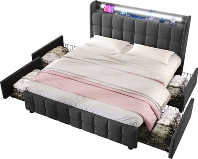 Merax Gestoffeerd Tweepersoonsbed 160x200 cm met Opberglades - Bed met LED Verlichting en USB-Laadfunctie - Grijs