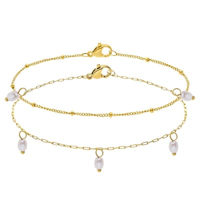 Lucardi - Dames Stalen goldplated armbandenset met parel - Armband - Staal - Goudkleurig - 20 cm