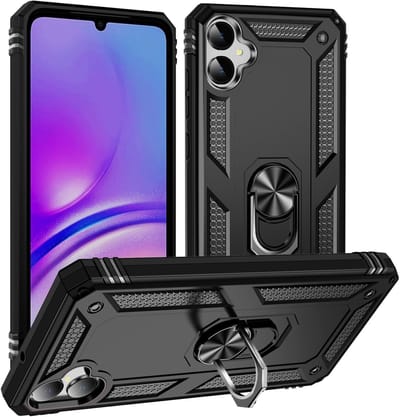 Casemania Hoesje Geschikt voor Samsung Galaxy A06 - Zwart - Anti-Shock Hybrid Armor Back Cover - Hoes met Kickstand Ring