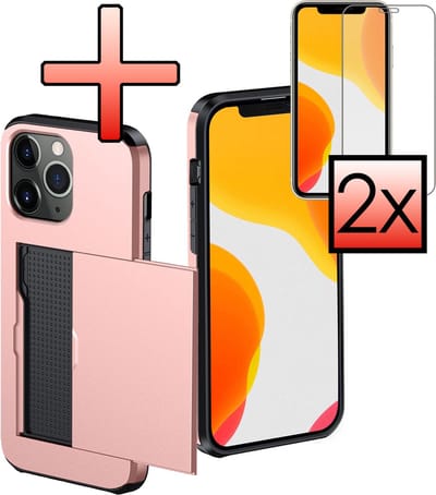 Hoes Geschikt voor iPhone 11 Pro Hoesje Pasjeshouder Hard Cover Met 2x Screenprotector Shock Proof Hard Case Hoes Met Kaarthouder - Rosé goud