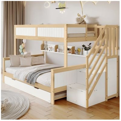 Lit superposé - MUVOE - Blanc + Naturel - 90x200 cm - Bois massif - 2/3 places blanc