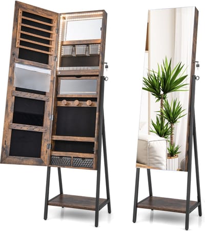 COSTWAY Sieradenkast met spiegel, sieradenspiegelkast met 3-kleurige ledverlichting, afsluitbaar, extra plank, 41,5 x 37 x 157 cm (rustiek bruin)