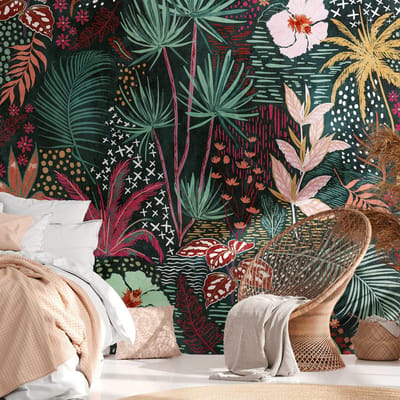 Fotobehang Profhome 382741-GU vliesbehang hardvinyl warmdruk in reliëf glad in jungle stijl mat groen rood geel wit 3,71 m x 2,8 m