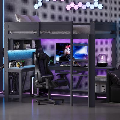 Houten hoogslaper met bureau - Hoogslaper 90x200 cm - 7-kleurige ledverlichting - opbergruimte, laadstation en ladder - grijs voor kinderkamer